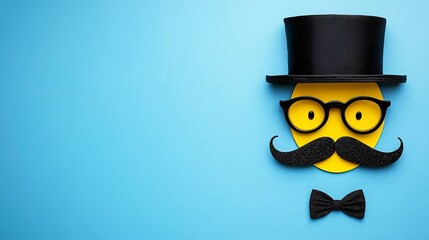 Flat lay top-view stock photo of a Happy Father's Day concept: mustache, glasses, hat on a blue background with copy space for banner mockups.