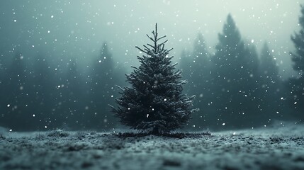 A solitary snow-covered tree in a misty forest during snowfall.