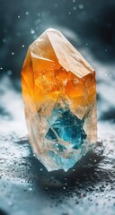 Close-up of a vibrant, multifaceted crystal, displaying a blend of amber and blue hues