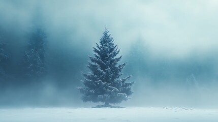 A solitary snow-covered tree stands in a foggy winter landscape.