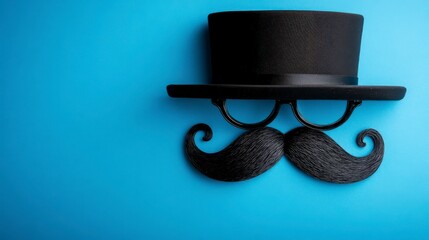 Top-view flat lay stock photo with a mustache, glasses, hat, and blue background for Happy Father's Day, including copy space for banner mockup designs.