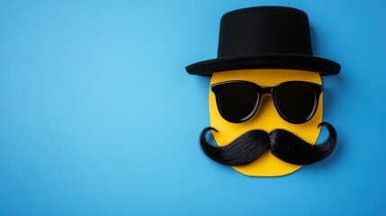 Blue-themed flat lay top view of a mustache, glasses, and hat for Happy Father's Day, offering copy space in banner mockup stock photo concepts.