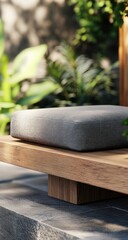 Outdoor bench cushion, wooden slats, lush greenery