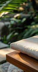 Outdoor bench cushion in sunlit garden