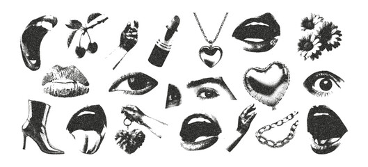 Trendy elements collage in glamour with vintage stipple photocopy texture. Vector eyes, hands, heart-shaped balloon, pendant, eyes, lipstick, daisy.