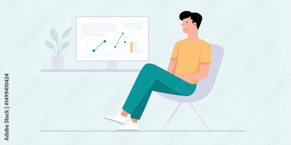 Poster young man sitting in a modern chair, analyzing data on a computer screen with graphs and charts, cas