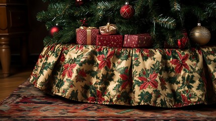 A decorated Christmas tree with gifts beneath a festive skirt.