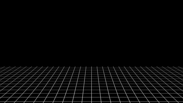 3D infinite floor grid line looping animation background. 4K video animated background for tech, editing, or digital projects. Motion graphic of white line floor with black background.