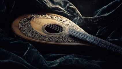 Ornate antique guitar rests on dark velvet