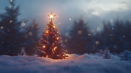 A beautifully lit Christmas tree in a snowy landscape, evoking a festive atmosphere.
