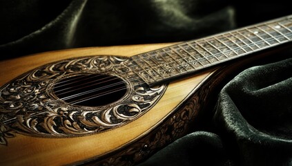 Ornate mandolin resting on dark green velvet.  Close-up view of the instrument's body and neck, showing intricate carvings and inlay.  Warm golden tones highlight the wood grain
