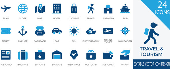 A clean and modern solid icon set tailored for travel and tourism themes. Features essential travel elements such as plane, passport, globe, luggage, hotel, ticket, and navigation.
