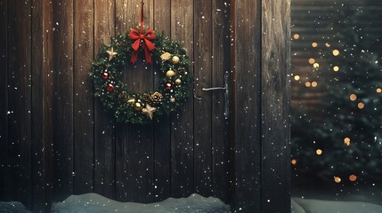 A festive wreath adorned with decorations hangs on a wooden door, surrounded by falling snow.