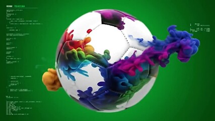 Vibrant 3D animation of a soccer ball bursting with colorful ink splashes on a dynamic green background. Perfect for sports promotions, creative ads,