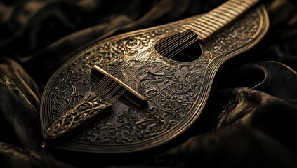 Ornate, antique-style stringed instrument, dark background