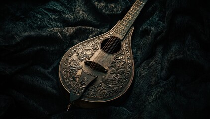 Ornate antique lyre rests on dark fabric
