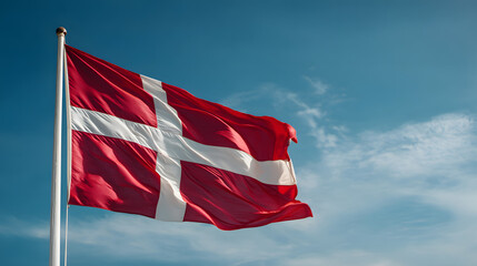 Danish flag on a blue sky background, Danish Constitution Day