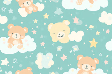 Adorable children's pattern with teddy bears, stars and clouds in soft pastel colors, patterns