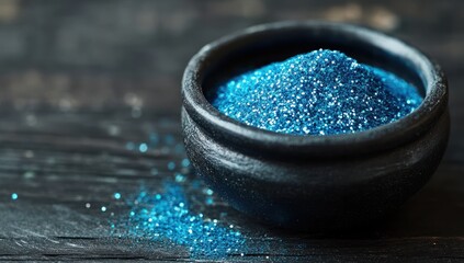 Blue glitter in dark bowl
