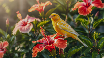 Yellow bird in a tropical garden with hibiscus flowers