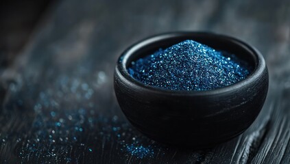 Dark blue glitter in a small bowl on a dark wooden surface