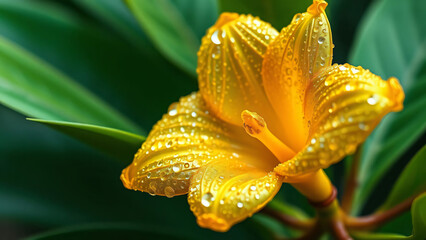 Fototapeta premium Close-up of a vibrant yellow lily flower blooming in nature's garden, showcasing its colorful petals and pollen