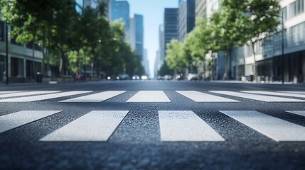 A city street view featuring a crosswalk amidst tall buildings and greenery.