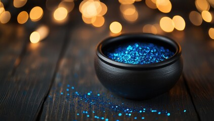 A dark, black cauldron bowl overflowing with vibrant blue glitter sits on a rustic wooden surface, illuminated by warm, soft golden lights