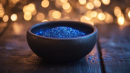 Dark bowl holds shimmering blue glitter