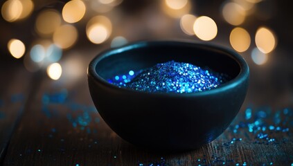 Dark blue glitter in a bowl, bokeh lights in the background