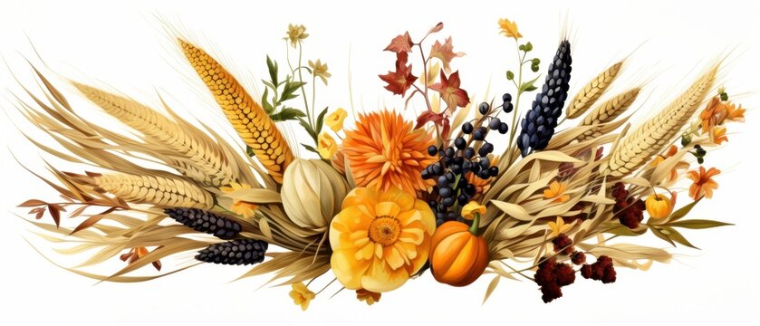 Jesienna kompozycja roślinna z zbożami i kwiatami