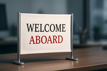 welcome aboard sign new employee onboarding business greeting message office hiring recruitment success corporate culture team building workplace introduction motivation support teamwork job