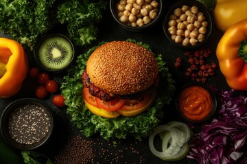 Vegan burger with fresh vegetables and ingredients for healthy eating and lifestyle, food photography