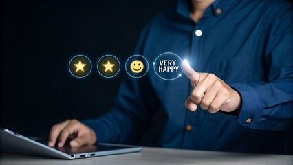 Customer review satisfaction feedback survey concept. User give five-star rating on feedback interface, excellent customer satisfaction. emoticons different levels of feedback, customer experience
