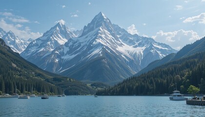 Snow-Capped Peaks Towering Over Tranquil Lake with Boats and Lus