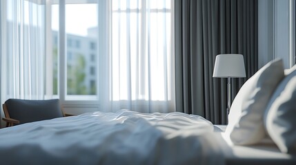 A serene bedroom with natural light, featuring a bed, chair, and curtains.