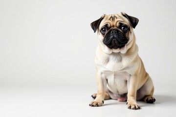 Adorable pug dog sits against white background, looking at camera, breed, companion