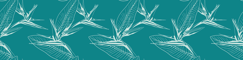Elegant teal background featuring a seamless pattern of stylized bird of paradise flowers.