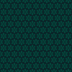 Subtle vector floral seamless pattern. Simple abstract geometric ornamental texture with small flowers, stars. Dark green ornament in oriental style. Islamic art background. Repeated modern design