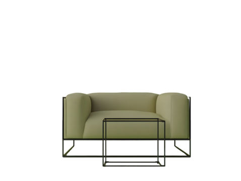 Modern, minimalist armchair with a matching side table, both featuring a light beige upholstery and a dark metal frame