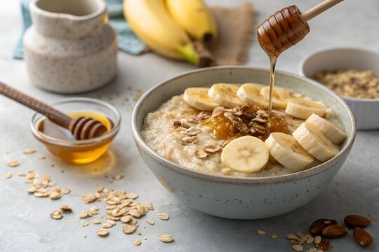 Delicious oatmeal with bananas honey and granola