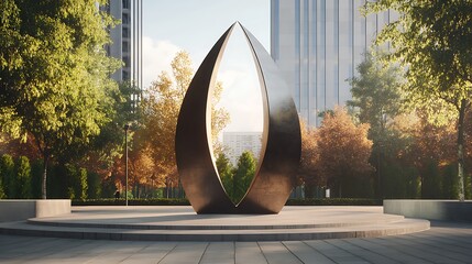 A modern sculpture in an urban park surrounded by trees and buildings.