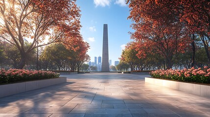 A serene park scene featuring a tall monument surrounded by autumn foliage and flowers.