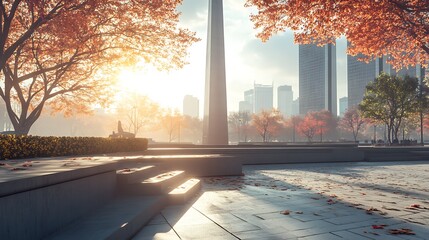 A serene urban park scene with autumn foliage and a monument in the background.