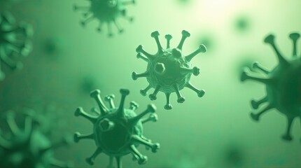 3D rendered illustration of green virus particles floating in space