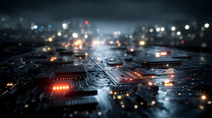 Obraz premium Futuristic Circuit Board with City Skyline at Night in Blue Tone