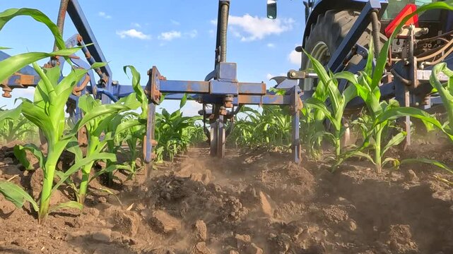 The tractor with interrow cultivator in corn field for mechanical weed control between the plant rows, slow motion. Spring day landscape, rural scene. Low angle view - close up