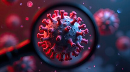 Close-up 3D visualization of a virus under magnifying glass 