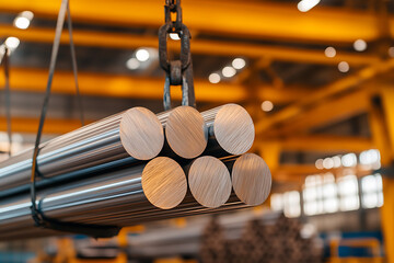 Metal rods hang from chain in industrial setting, showcasing precision manufacturing and material handling in a factory environment. Quality steel processing.