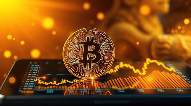 Cryptocurrency digital coin displayed on a touch screen with fluctuating stock market graph